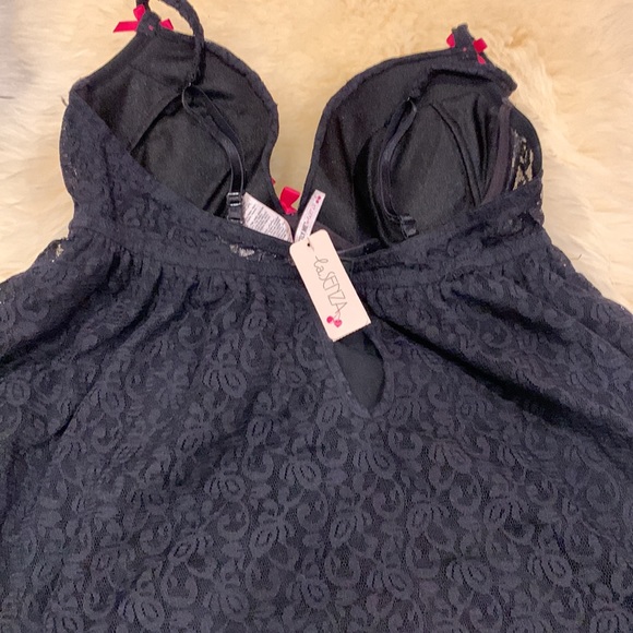 La Senza Lace Babydoll in Black with Pink Bows & Built in Bra size Medium NWT - Picture 4 of 5